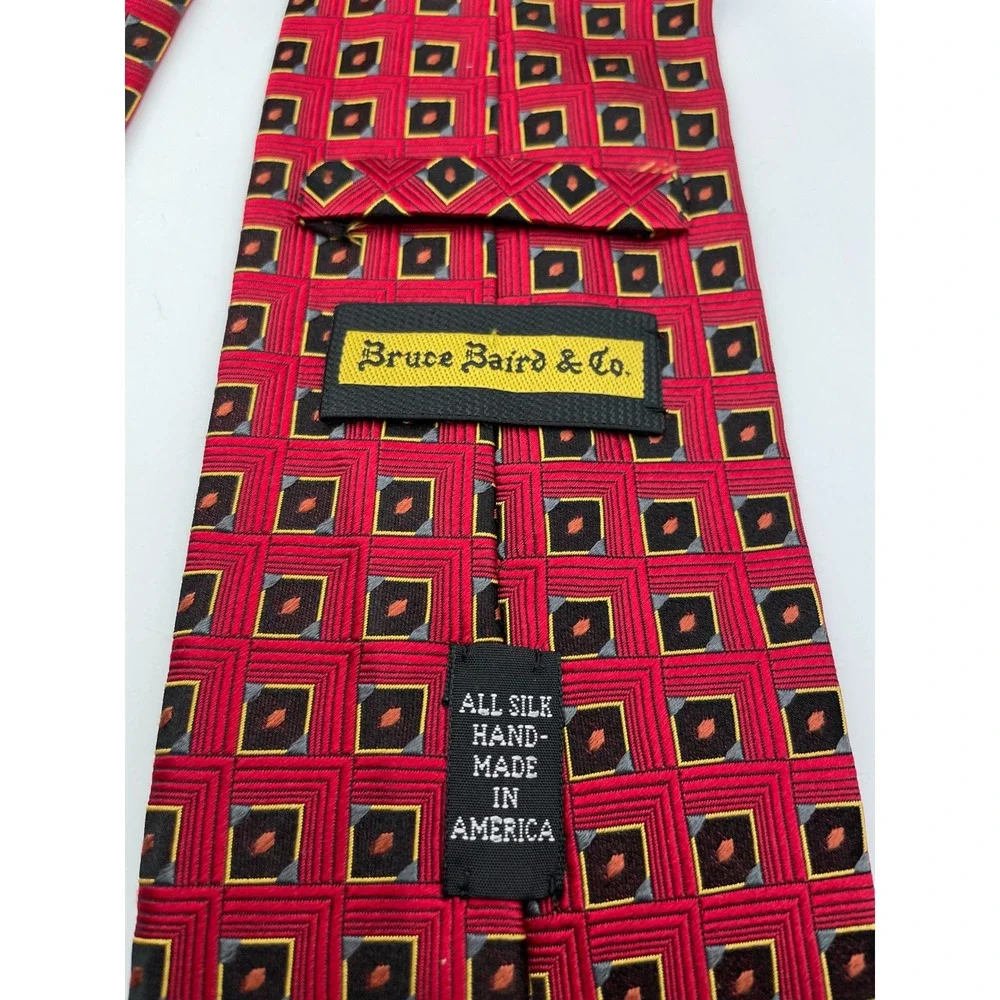 J Z Richards Mens Red Geometric Silk Necktie Hand Made in USA Bruce Baird & Co